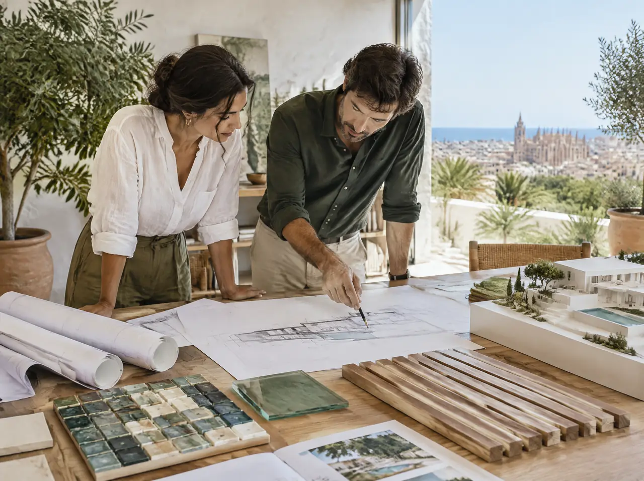 Architect and project engineer leaning over plans with a mosaic swatch board, a glass sample, ash slats and a small villa model