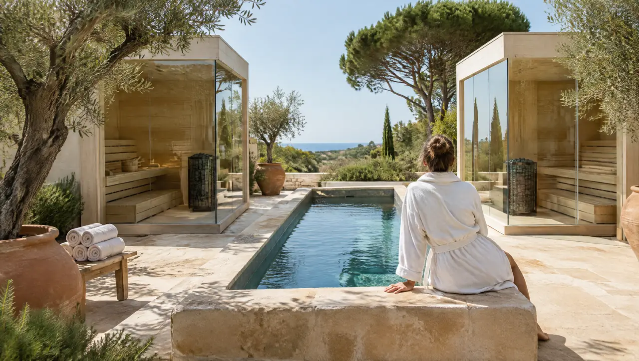 Two corner-glass saunas facing each other across a limestone courtyard with a long cold pool between them and a guest seated on the coping