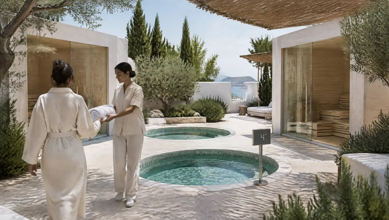 Hotel attendant handing a towel to a guest between two glass saunas and two cold pools in an Ibiza courtyard