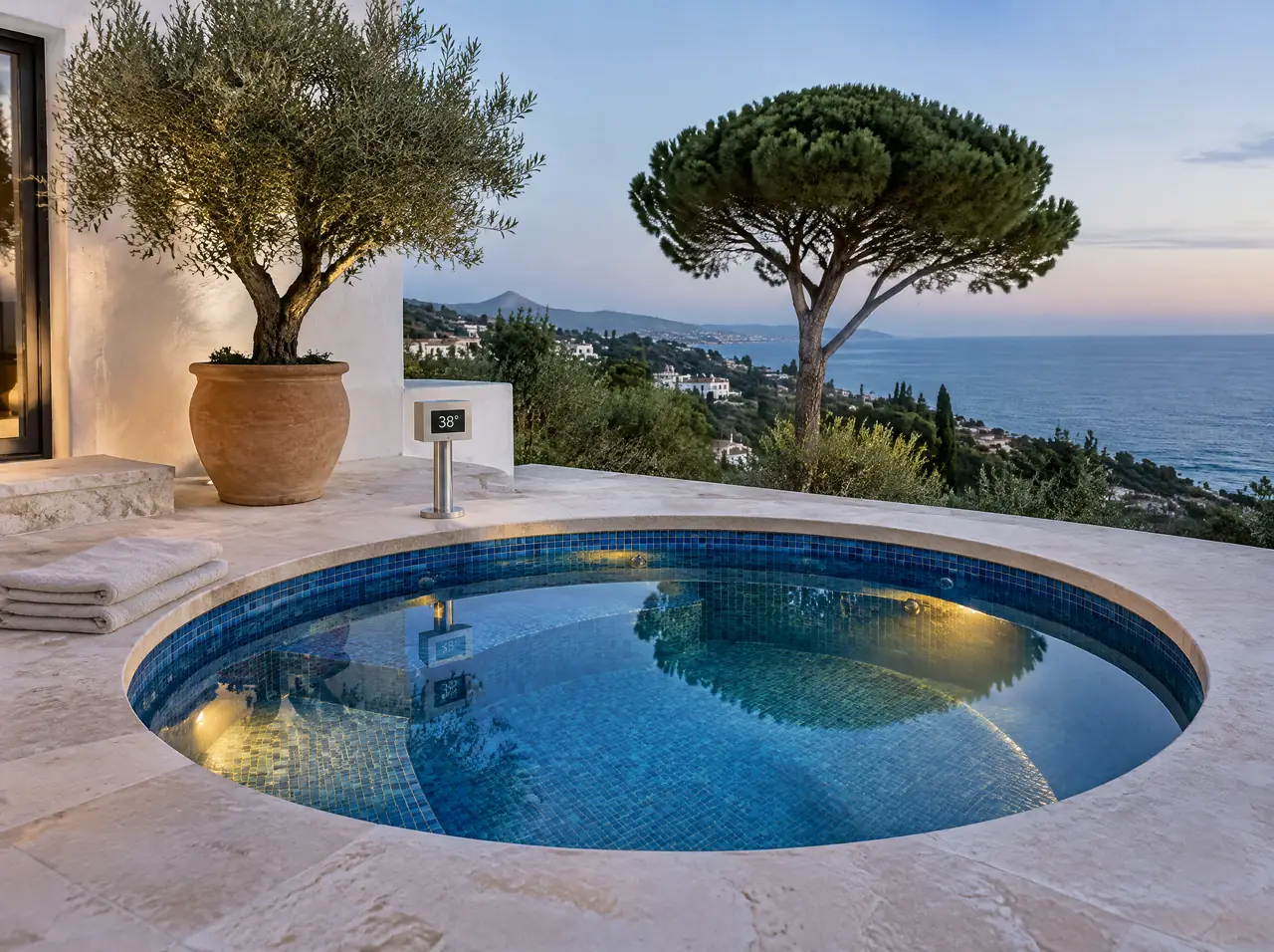 Built-in hot tub lined in deep-blue glass mosaic set into a travertine terrace above the sea near Marbella, display reading 38 degrees