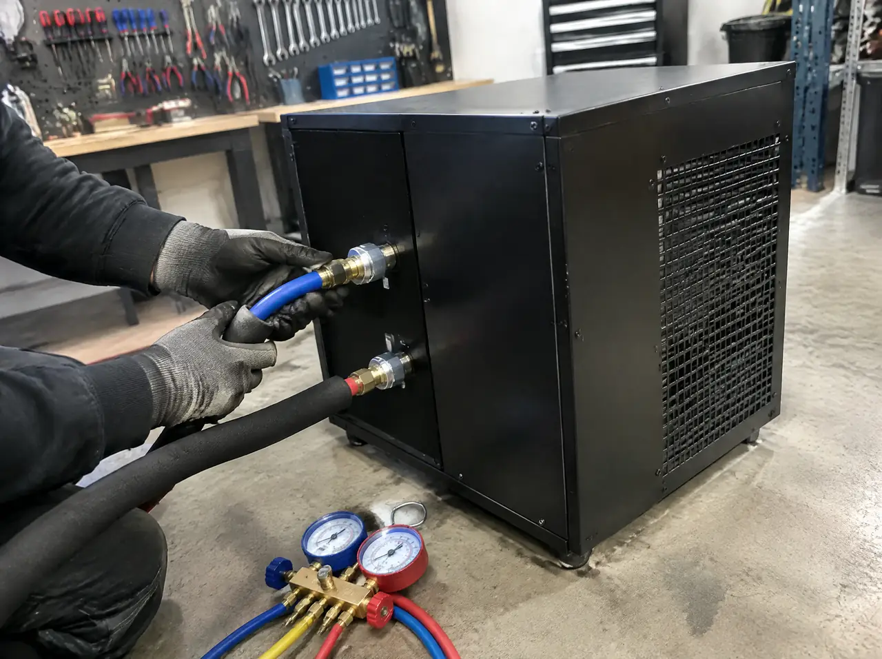 Plain black chiller casing in a workshop with insulated hoses and a pressure gauge set, a technician connecting a fitting