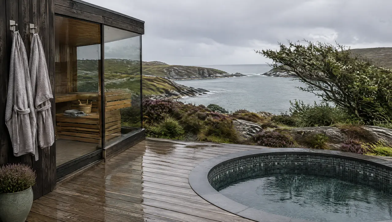 Dark-timber glass sauna and a slate-grey plunge pool on a weatherproof deck on the west coast of Ireland