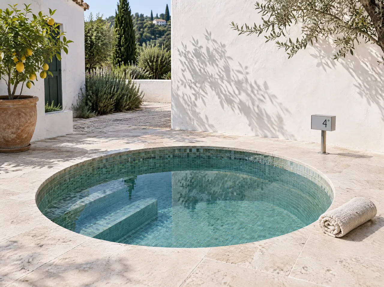 Round sea-glass mosaic plunge pool set flush into a limewashed Andalusian courtyard, display reading 4 degrees