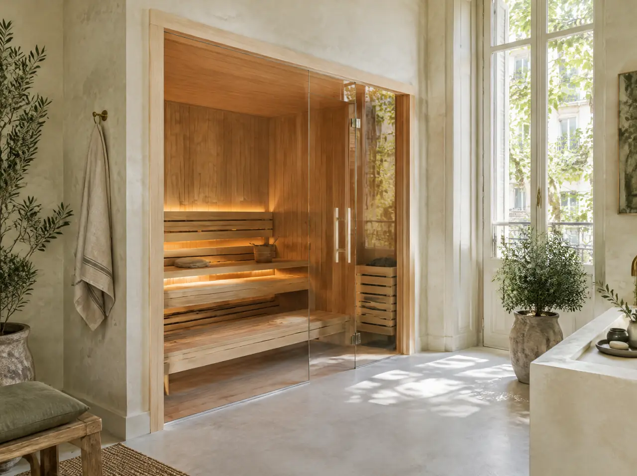 Made-to-measure sauna with a glass front built into an alcove of a bright limewashed spa room in Madrid