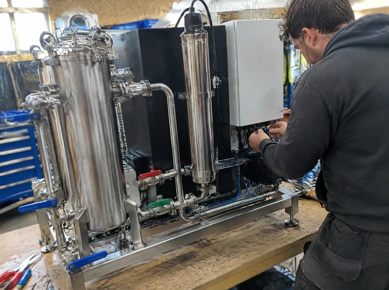 Technician wiring a stainless filtration and UV plant skid