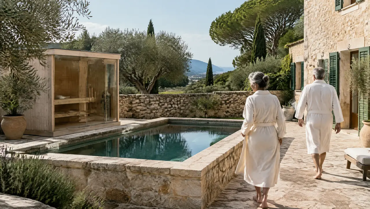 Couple in robes walking past a corner-glass sauna and a stone plunge pool at a Mallorcan finca