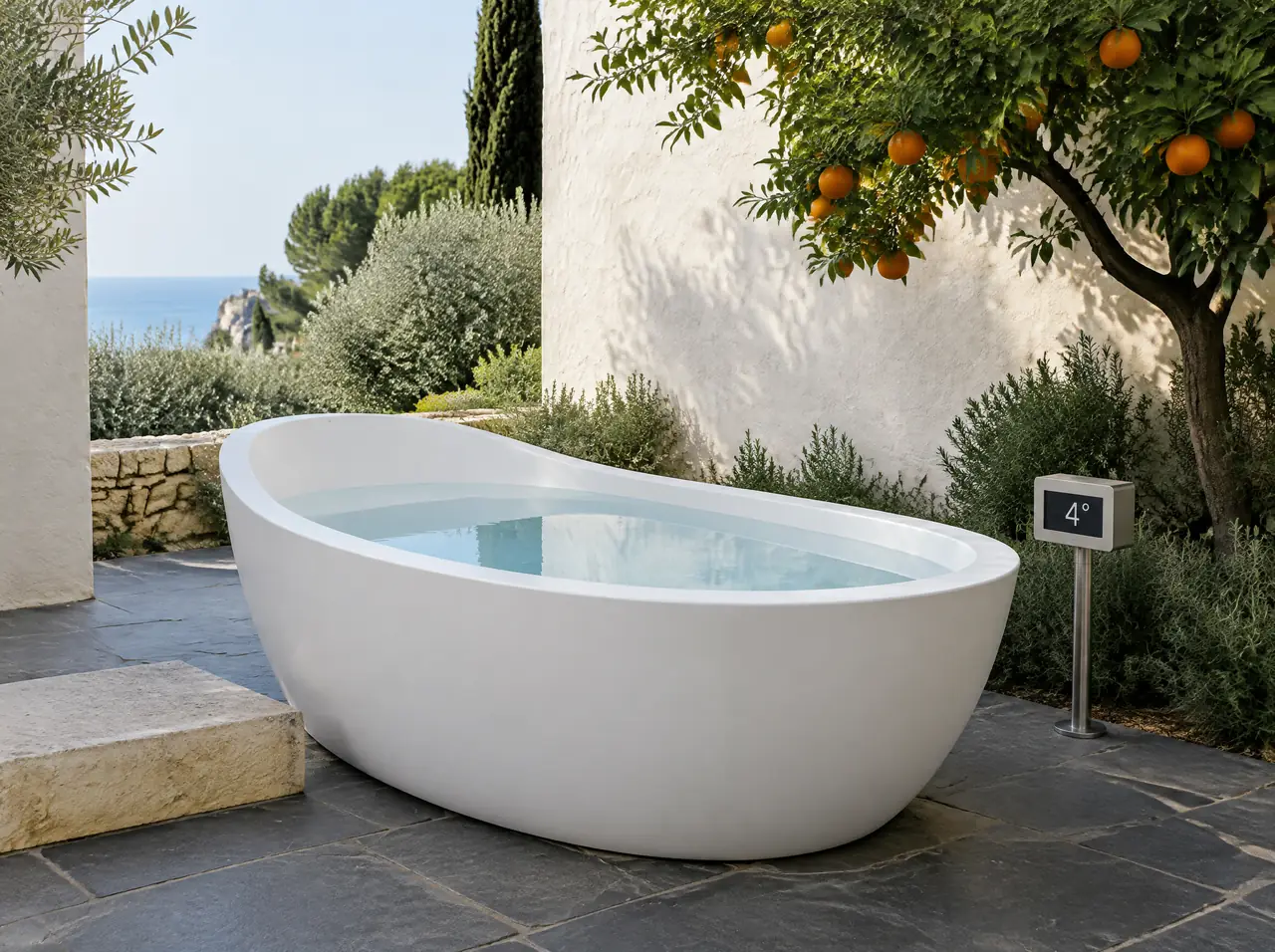 Free-standing oval ice bath tub in matte white on slate paving in a Valencia patio with an orange tree and a 4 degree display