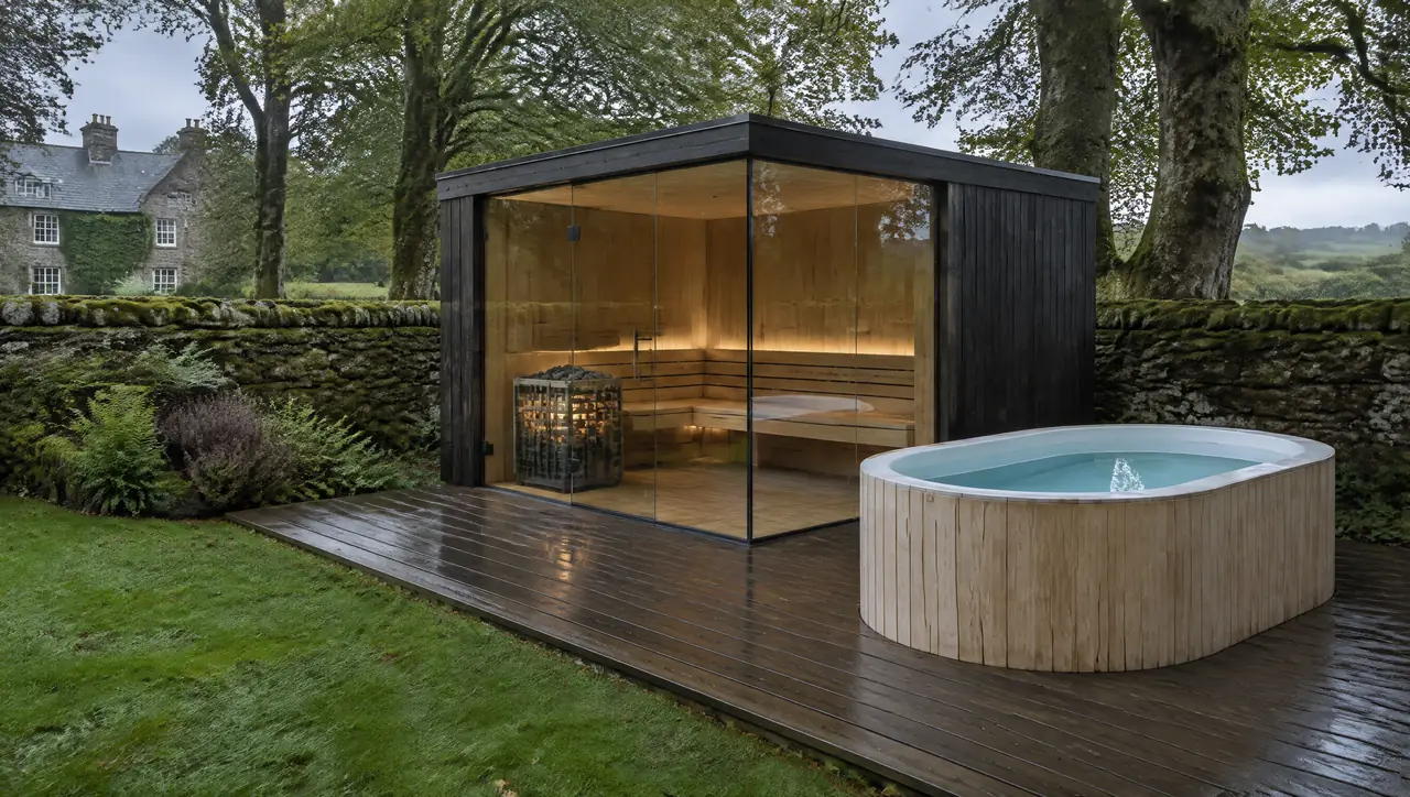 Walled garden of an Irish country house with a mossy stone wall, beech trees, a dark-timber corner-glass sauna and an oval timber cold tub on a gapped deck