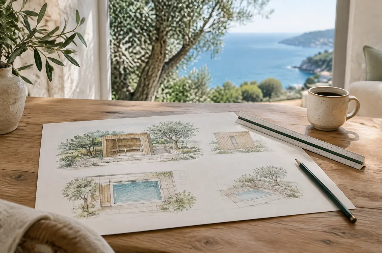 Set of line drawings of a garden sauna and a plunge pool on a wooden table with a scale rule, a pencil and a coffee, an olive tree and the sea through the window