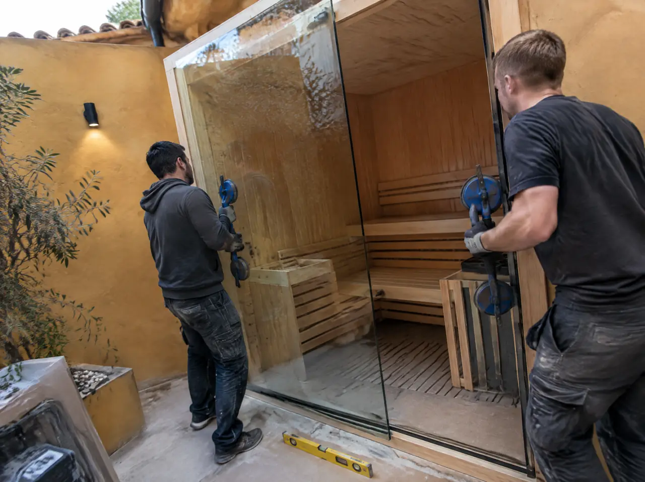 Two installers lifting a glass panel with suction lifters into a sauna frame