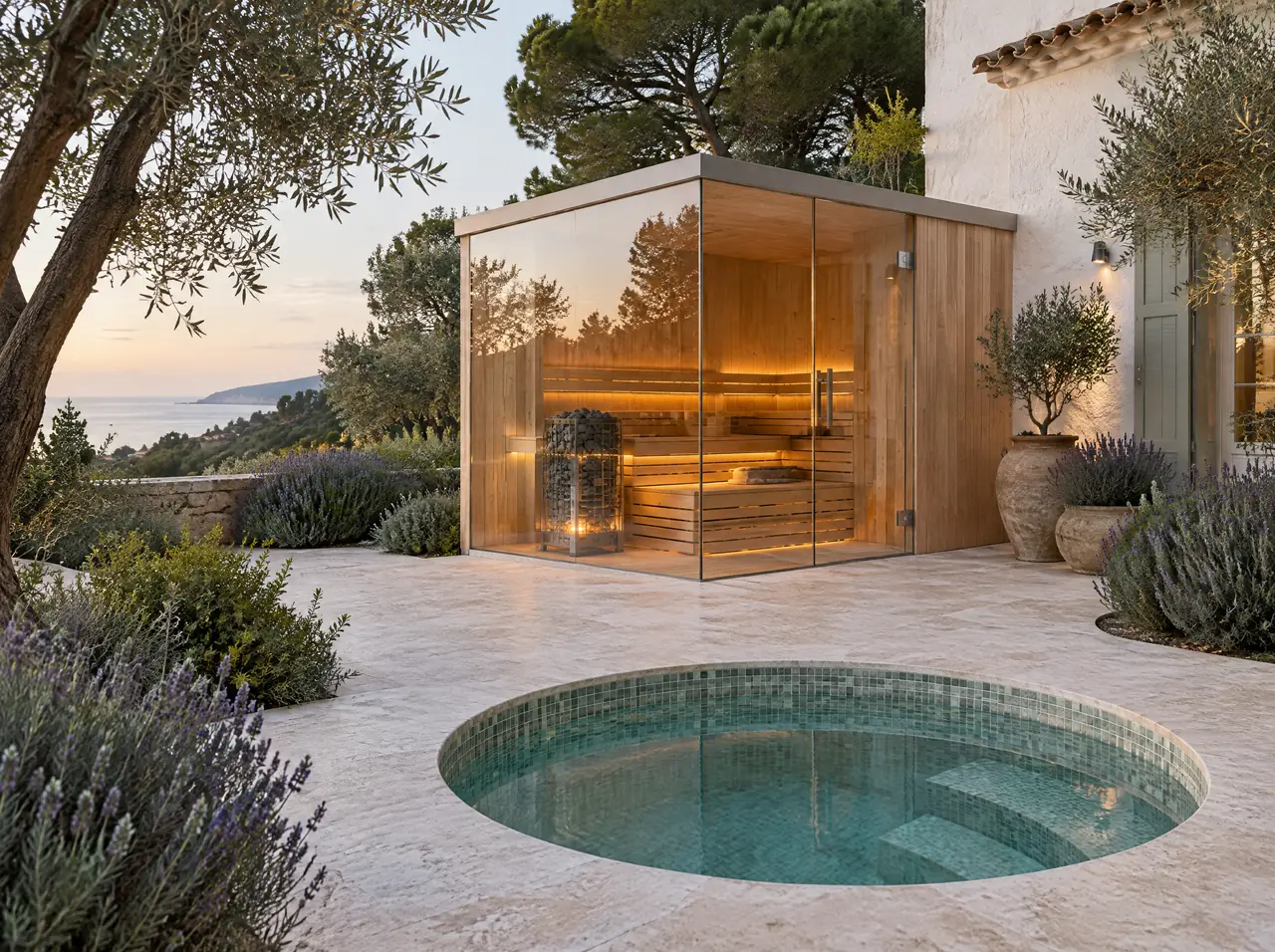 Corner-glass sauna in pale ash lit warm at dusk on a limewashed terrace with a plunge pool in the foreground