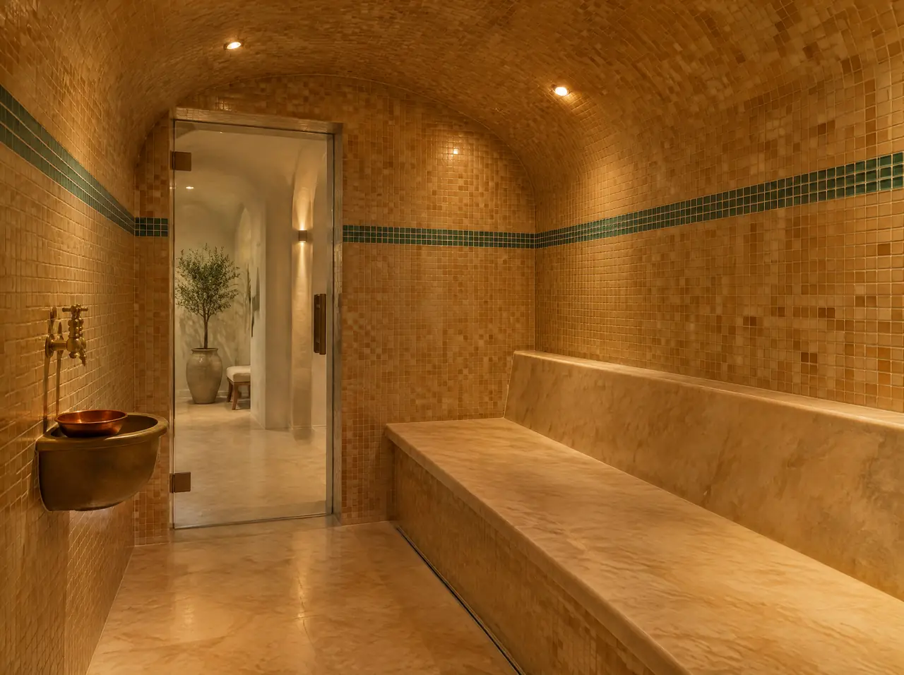 Interior of a small hammam in honey marble mosaic with a vaulted ceiling, heated bench, brass basin and glass door in a Lisbon hotel