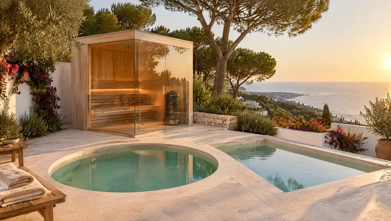 Corner-glass sauna beside a warm round pool and a cold square pool on a villa terrace with stone pines and the sea below