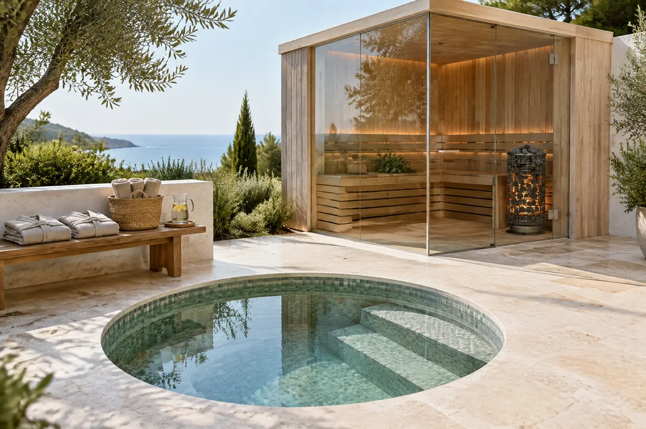Villa guest welcome corner beside a round mosaic plunge pool with two folded linen robes and a basket of towels on a teak bench, a glass sauna behind