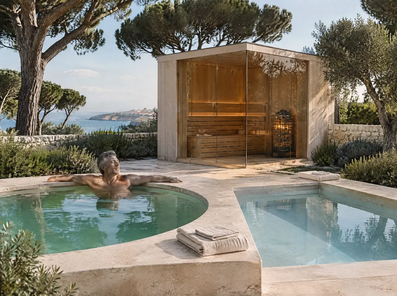 Round warm pool and square cold pool sharing one travertine coping beside a corner-glass sauna near Cascais