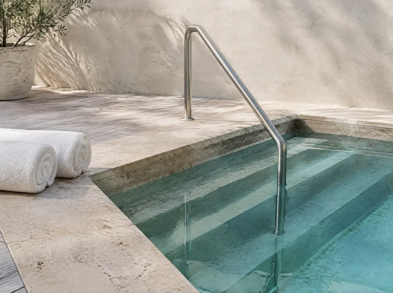 Seat-height travertine coping and a stainless handrail on the steps of the hotel cold pool