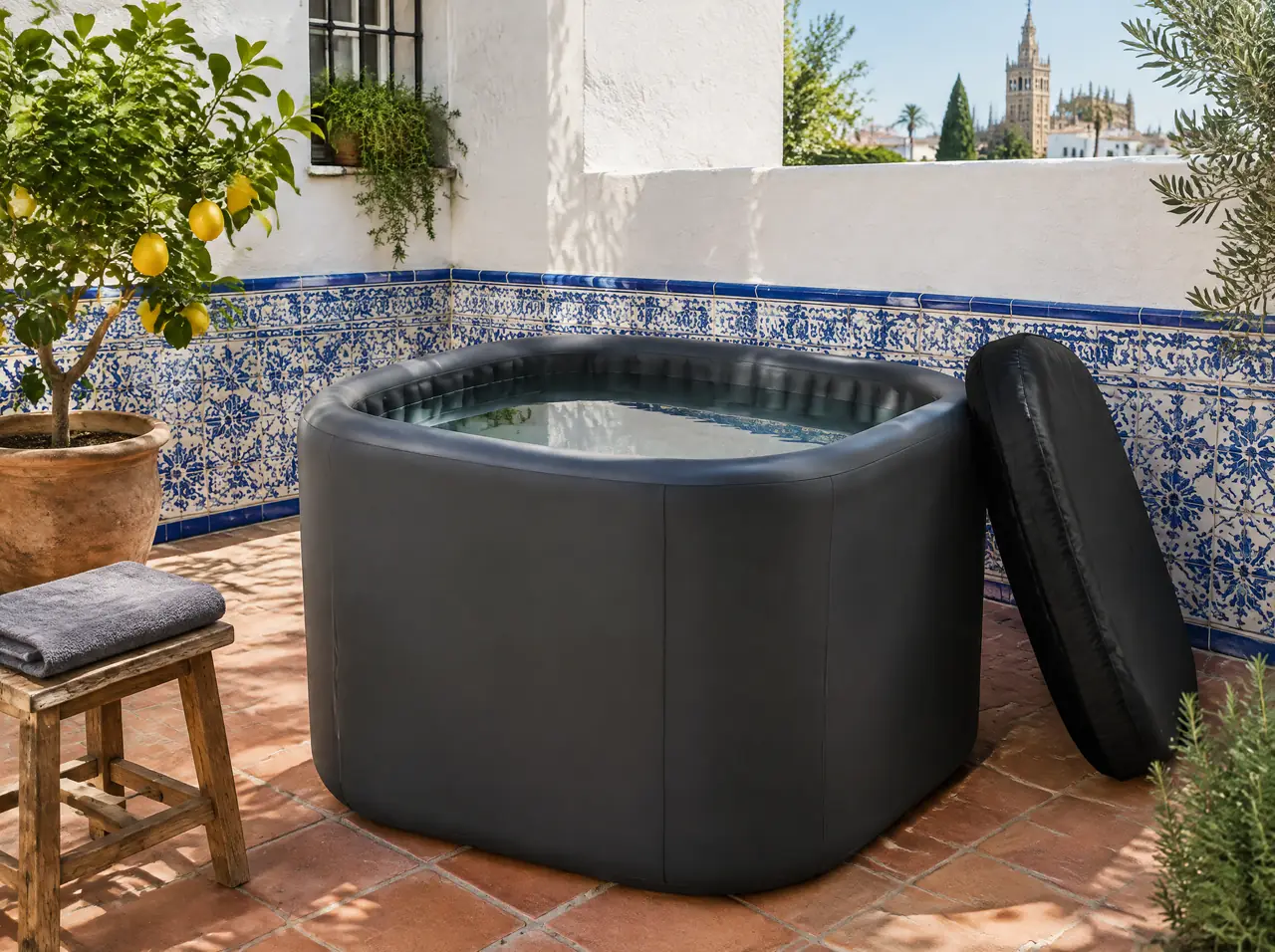Dark drop-stitch inflatable ice bath with its insulated lid beside it on terracotta tiles in a small Seville patio with azulejo wall tiles