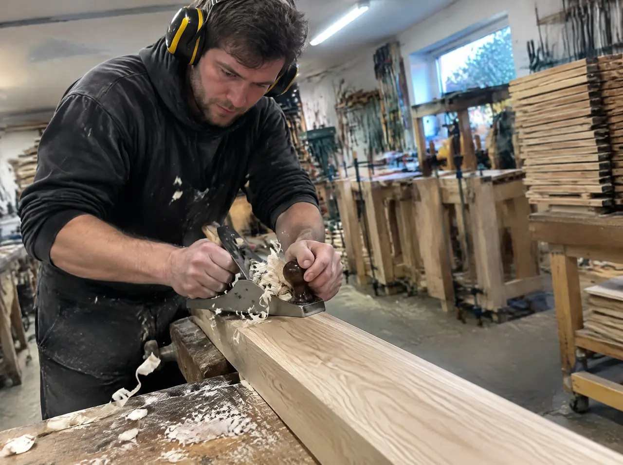 Joiner planing a pale ash beam at a workbench in the workshop