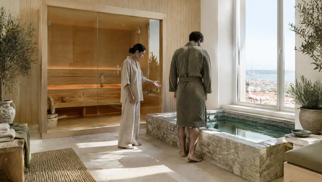 Staff member in a linen tunic explaining the routine to a client in a robe beside a glass sauna and a stone-lined cold pool in Lisbon