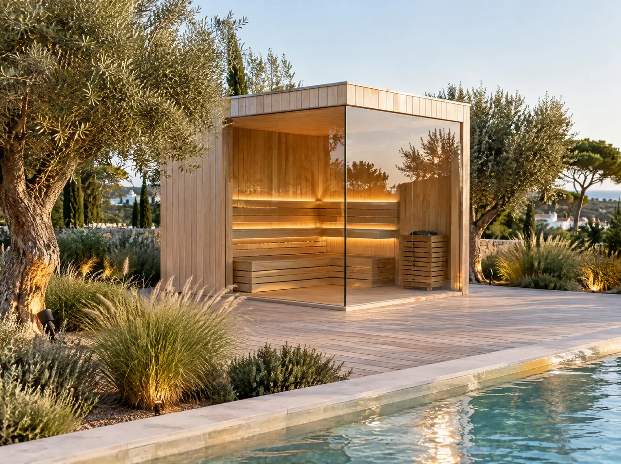 Free-standing outdoor sauna with two glass walls on a timber deck among grasses and olive trees in an Algarve garden