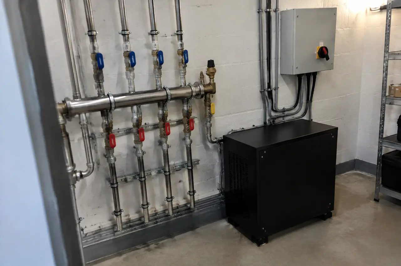 Tidy plant room with a grey three-phase isolator box on the wall, conduits, a stainless pipework manifold with colour-coded valves and a plain black unit