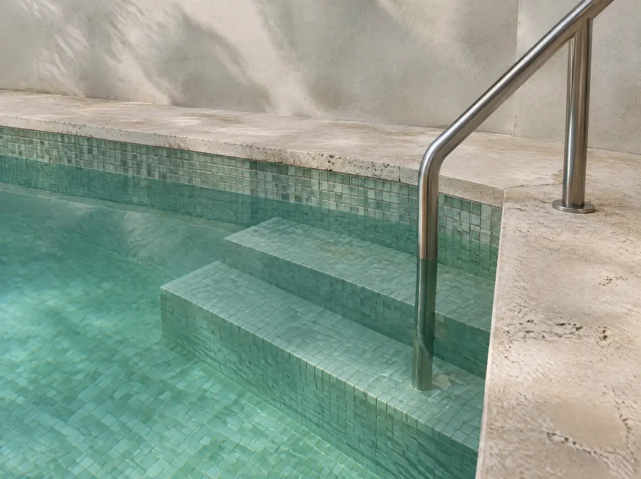 Detail of sea-glass mosaic tiles, two submerged steps and a stainless handrail at a plunge pool