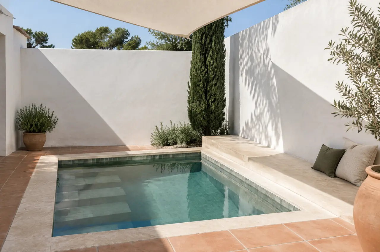 Square plunge pool in a whitewashed courtyard under a tensioned shade sail at midday, hard sun, sharp shadows and a cypress