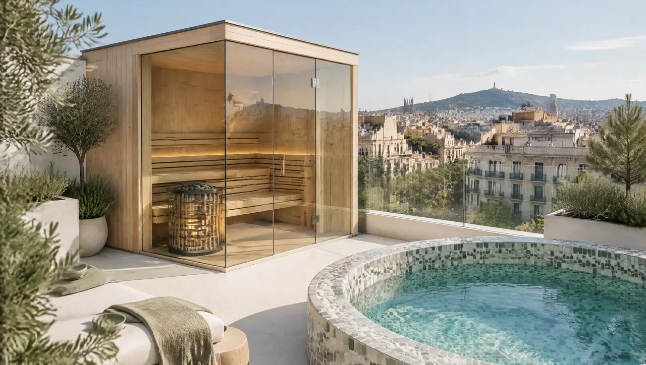Round plunge pool in broken-tile mosaic and a corner-glass sauna on a Barcelona rooftop terrace in morning light