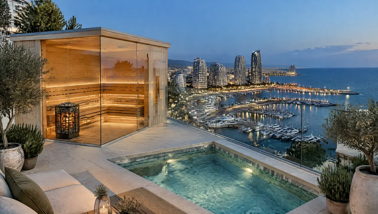 Private roof terrace on a residential tower in Limassol at blue hour with a corner-glass sauna, a small square plunge pool, the marina lights and the towers beyond