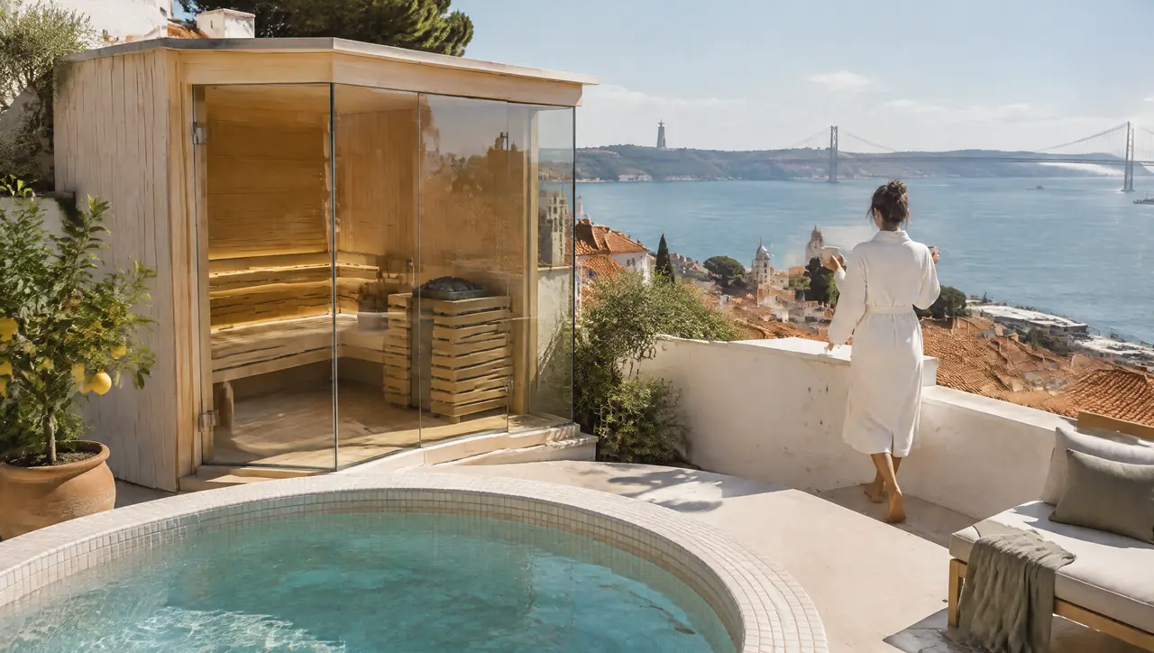 Rooftop terrace in Lisbon above terracotta roofs and the Tagus, with a corner-glass sauna, a round plunge pool and a woman in a robe at the parapet