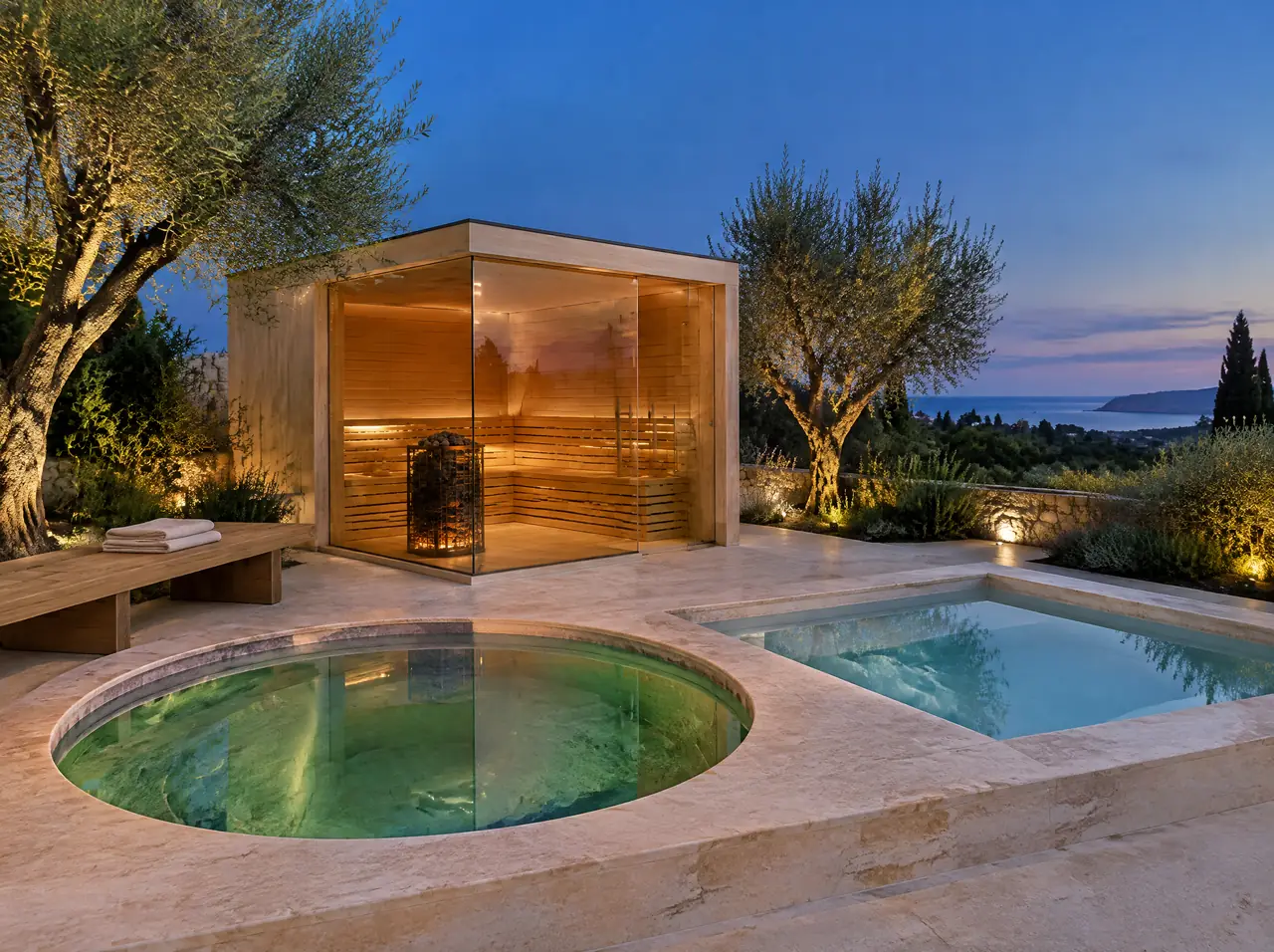 Corner-glass sauna lit warm, a warm round pool and a cold square pool and a teak bench on a terrace at dusk