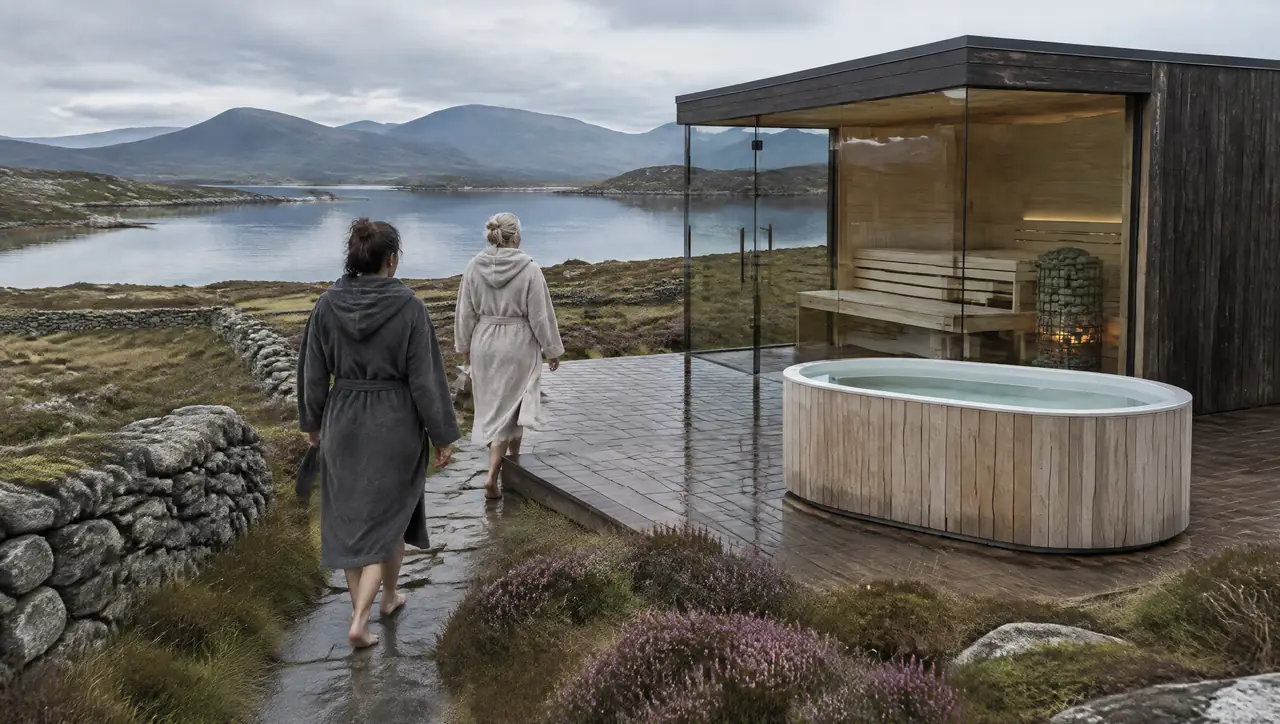 Connemara shore with dry-stone walls, heather and a still lough, a timber deck with a dark corner-glass sauna and an oval timber cold tub and two women in hooded robes