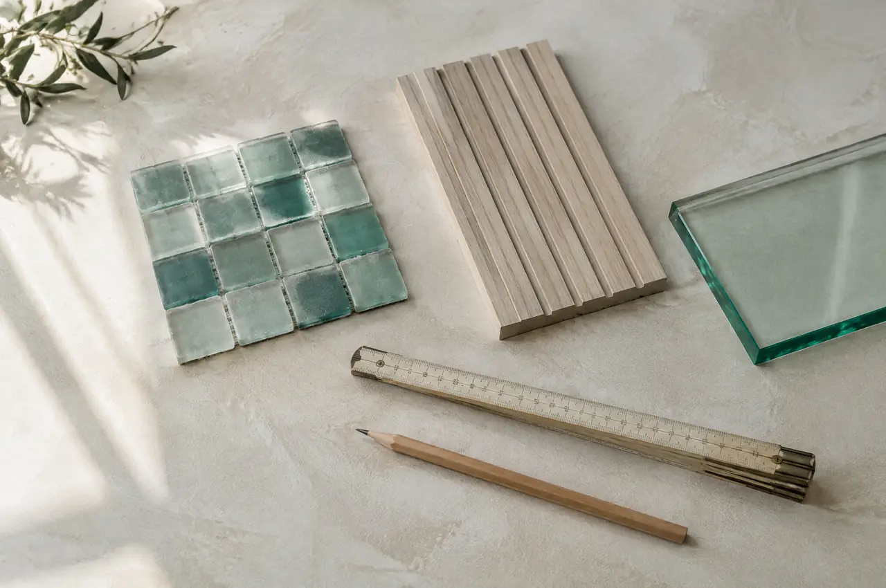 Flat lay of sea-glass mosaic swatches, an ash slat, a piece of toughened glass with its green edge, a folding rule and a pencil