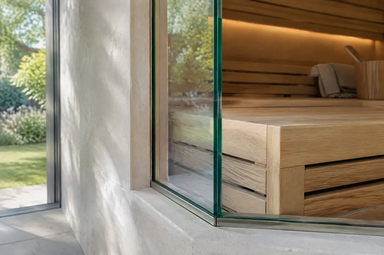 Close detail of the green-tinted edge of toughened glass at the corner of a sauna with an ash bench and warm light inside