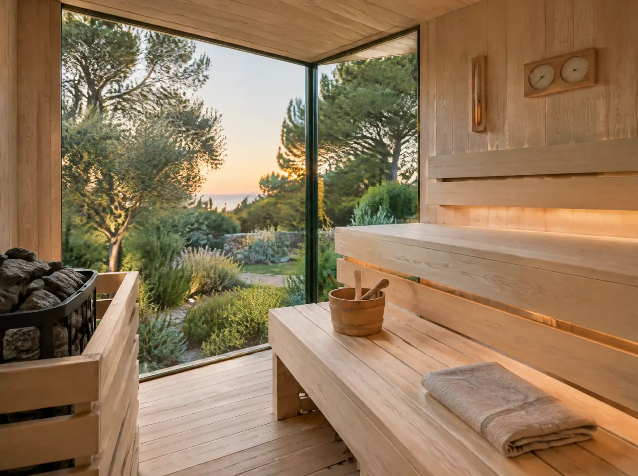 Inside a glass-cornered sauna: two bench levels, a stone heater, a bucket and ladle, and the garden beyond