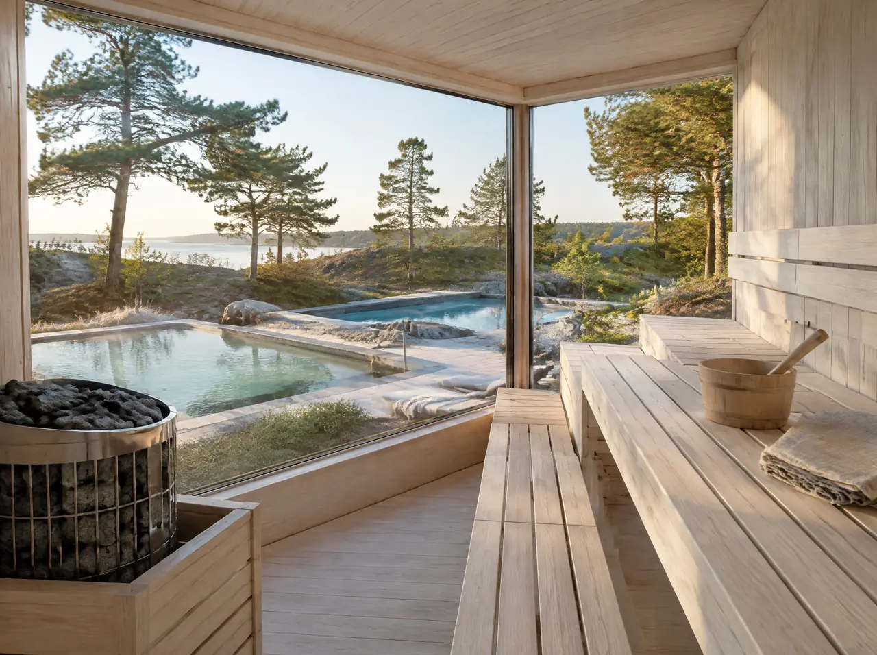 Inside the sauna looking out to the warm and cold pools and the pines