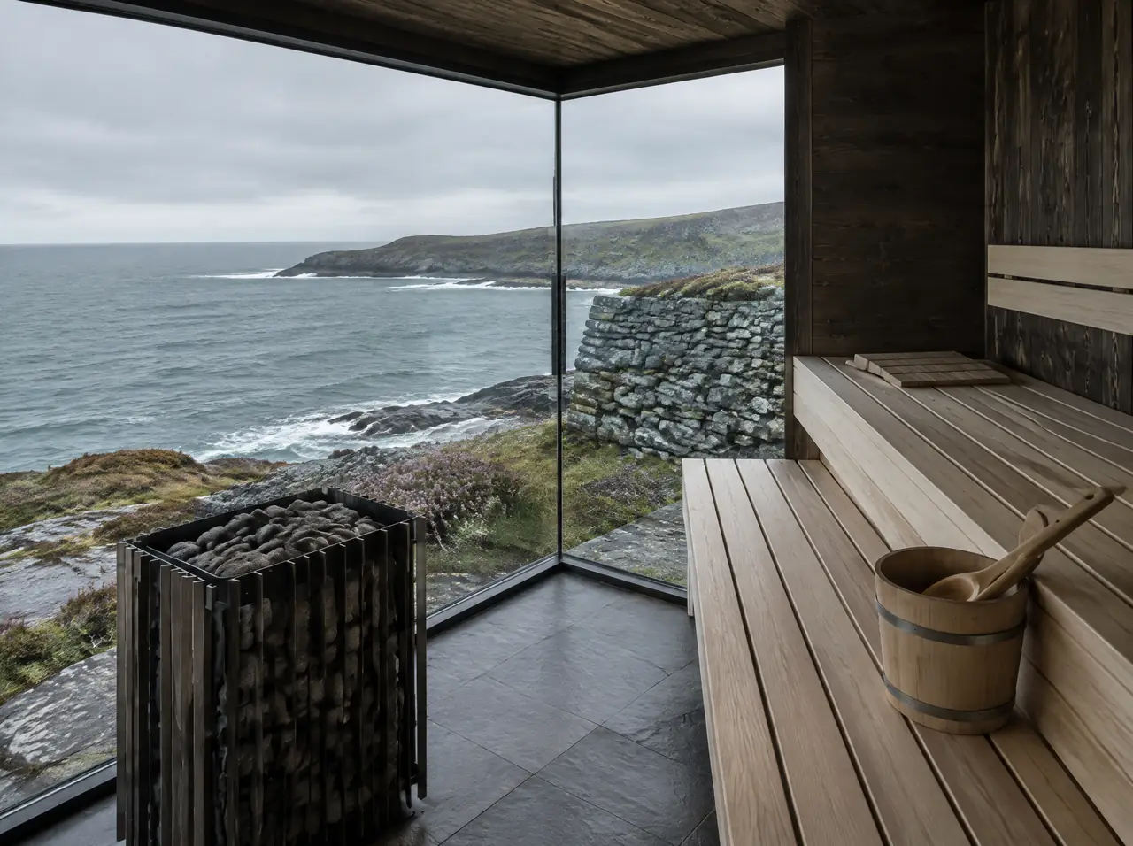 Inside the cabin looking through the glass corner to the Atlantic and a dry-stone wall