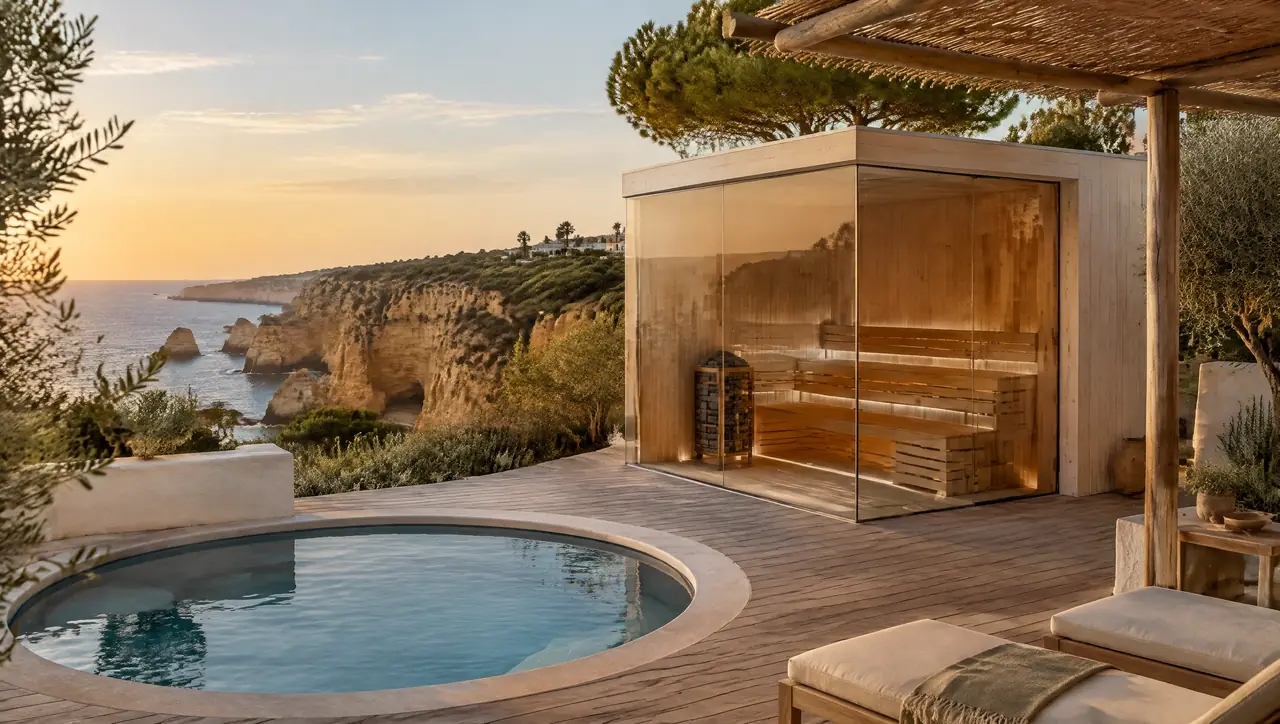 Villa pool terrace near Lagos with ochre cliffs and the Atlantic behind, a corner-glass sauna on a timber deck and a small round plunge pool under a reed pergola