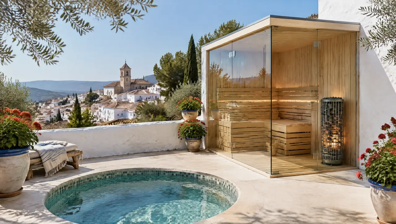 Corner-glass sauna and a round mosaic plunge pool in a whitewashed patio of an Andalusian white village with a church tower behind