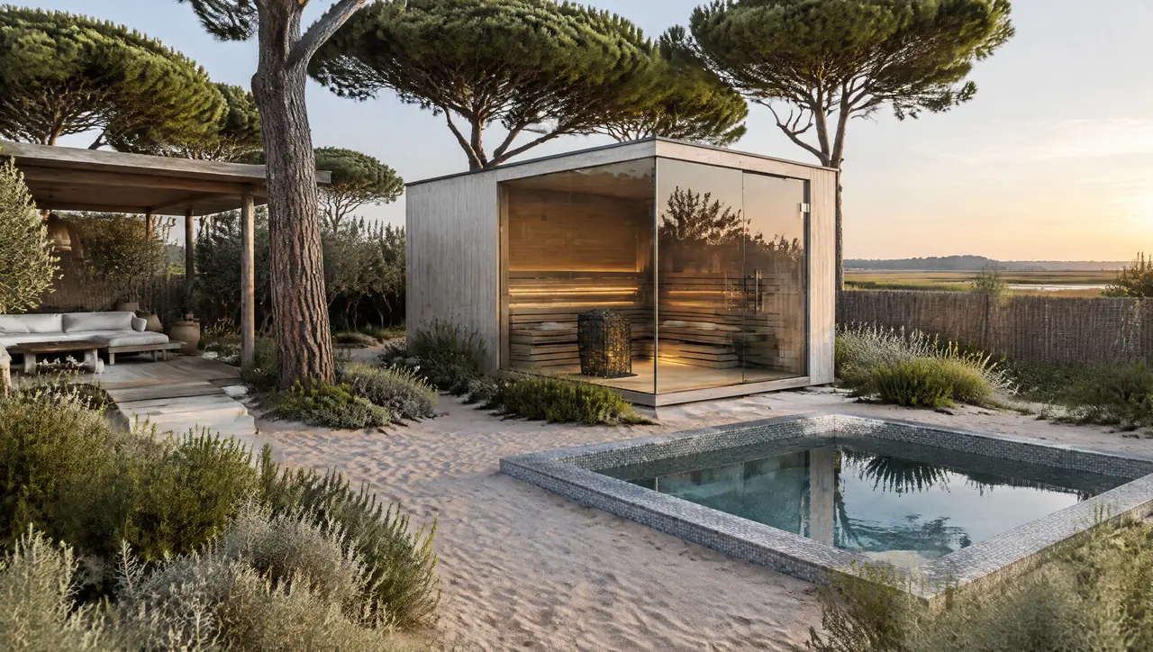 Barefoot-luxury garden in Comporta with woven reed fences, umbrella pines, sandy paths, a low timber pavilion, a corner-glass sauna and a square plunge pool