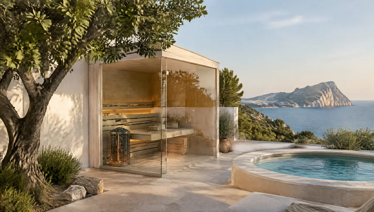 Villa terrace on the Costa Blanca with a carob tree, a corner-glass sauna, a small round plunge pool and a limestone headland across the bay