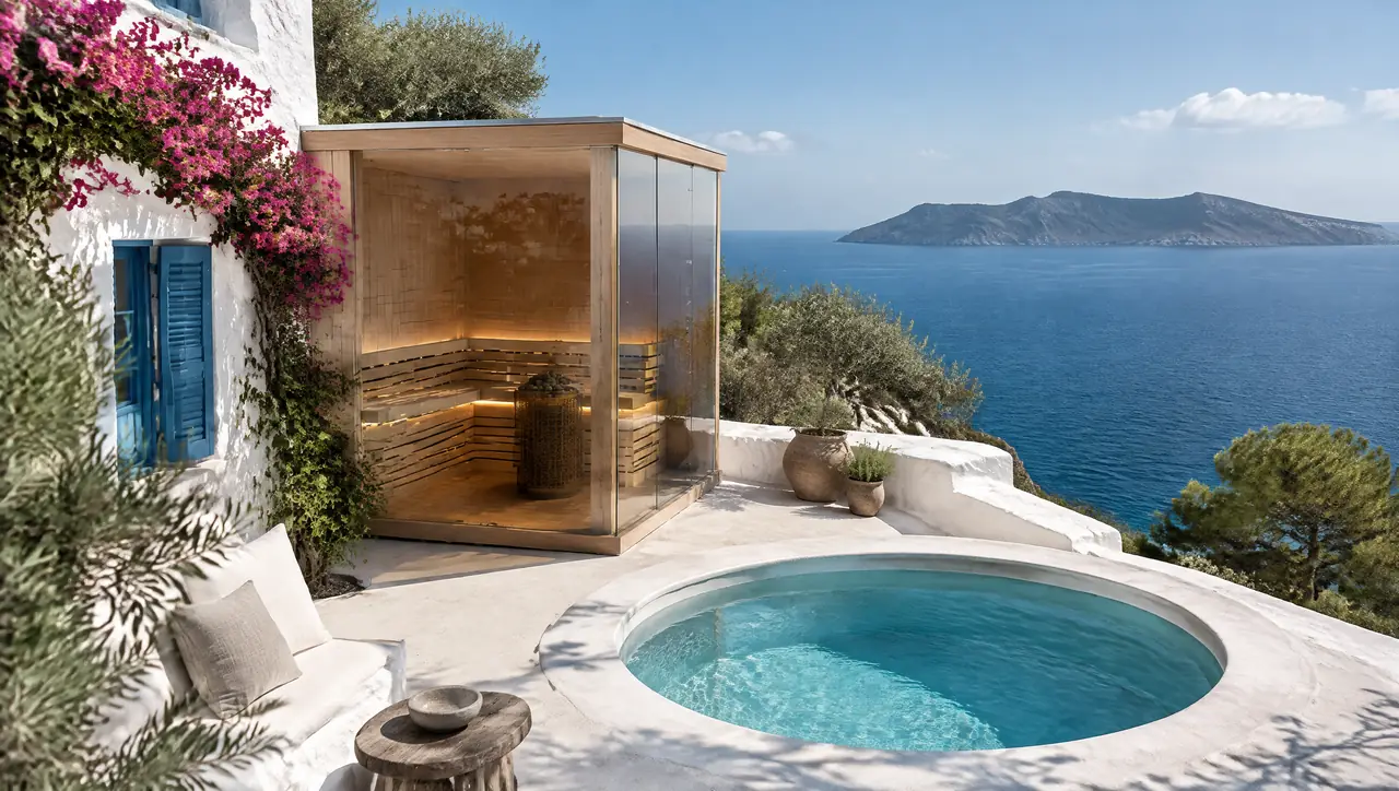 Casa cicládica encalada en un acantilado sobre el Egeo, con contraventanas azules, buganvillas, una terraza encalada con una pequeña piscina de agua fría redonda y una sauna de cristal en esquina