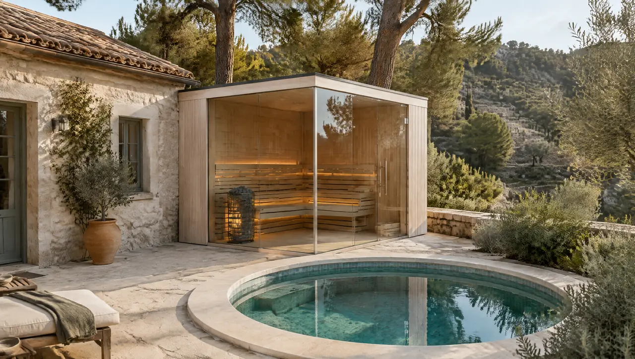 Stone village house in the Troodos foothills of Cyprus with a courtyard, a small round tiled plunge pool, a corner-glass sauna, pine trees and a terraced hillside