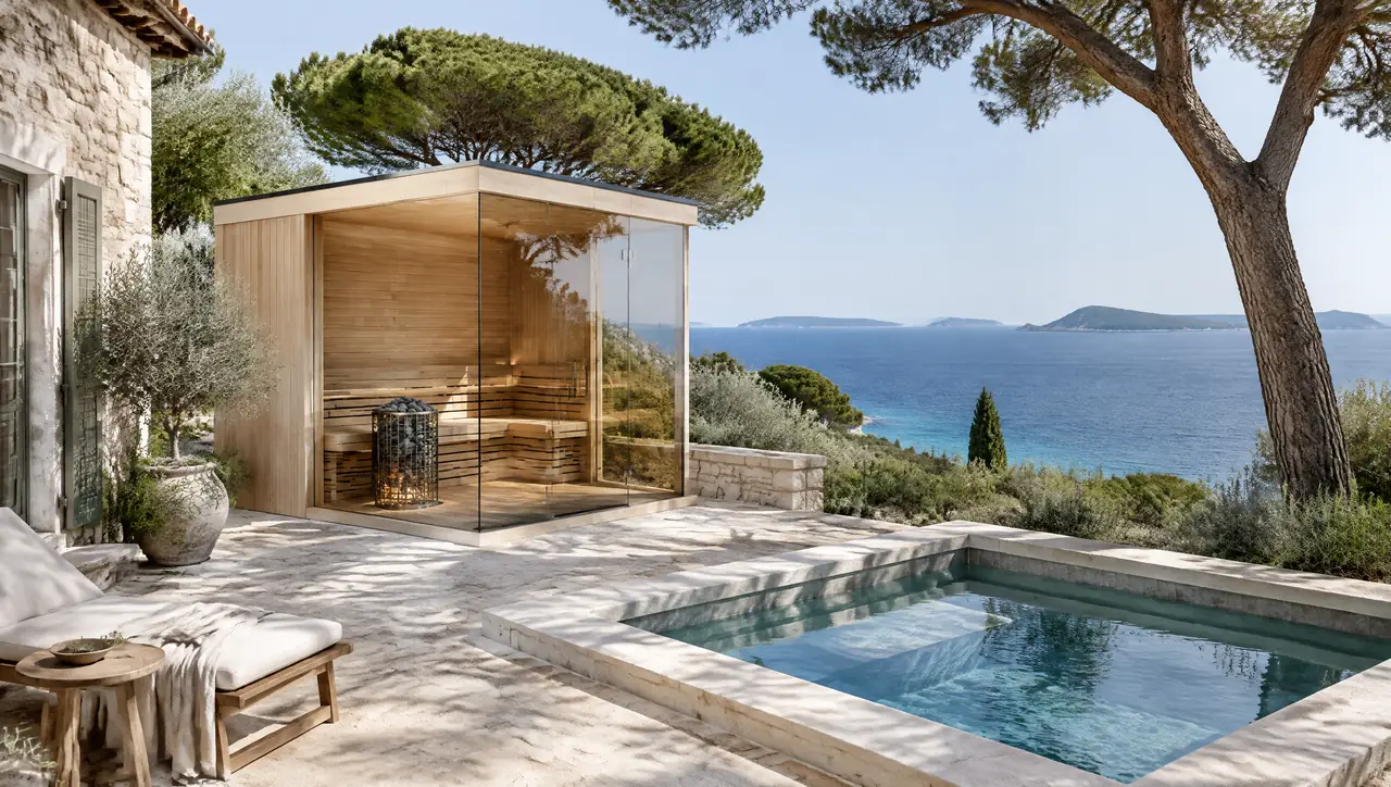 Dalmatian stone villa above the Adriatic with a pale stone terrace, umbrella pines, a corner-glass sauna, a small square plunge pool and islands in the distance