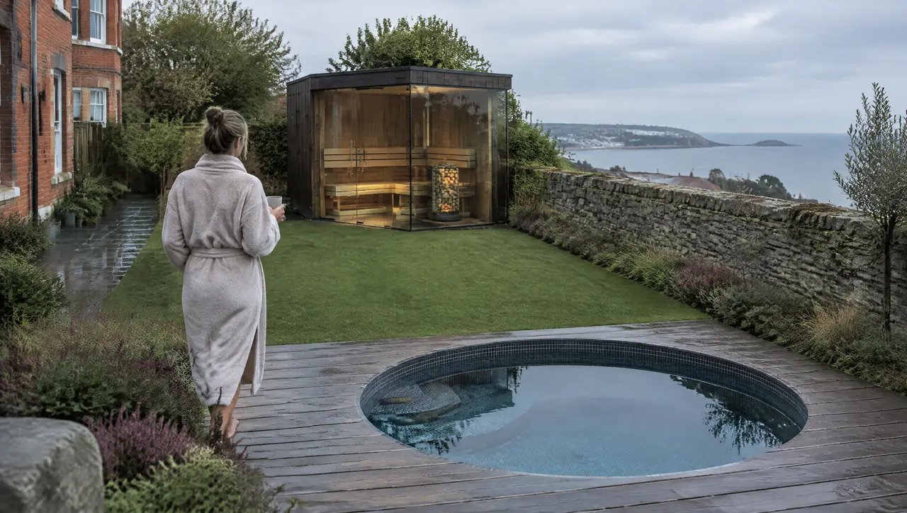 Long rear garden of a Victorian red-brick house in Dalkey with a dark-timber corner-glass sauna at the end of the lawn and a slate-lined plunge pool, Dublin Bay beyond