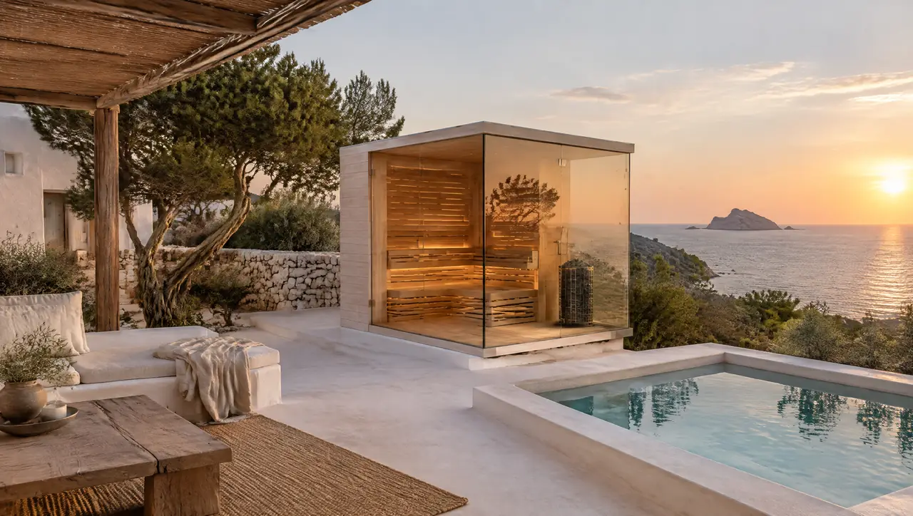 Whitewashed Ibiza villa terrace at sunset with a reed pergola, juniper trees, a corner-glass sauna and a small square plunge pool