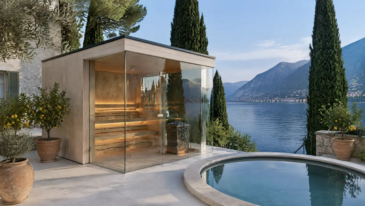 Lakeside villa terrace on Lake Como at blue hour with cypress trees, lemon trees in pots, a corner-glass sauna, a small round plunge pool and the lake beyond