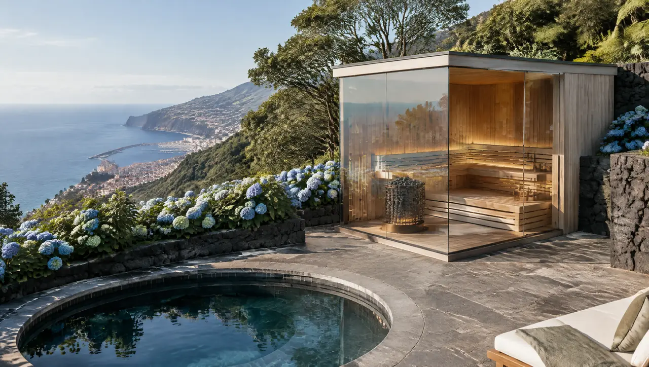 Clifftop terrace in Madeira with black basalt walls, blue hydrangea hedges, a corner-glass sauna, a small round plunge pool in dark tile and Funchal bay far below