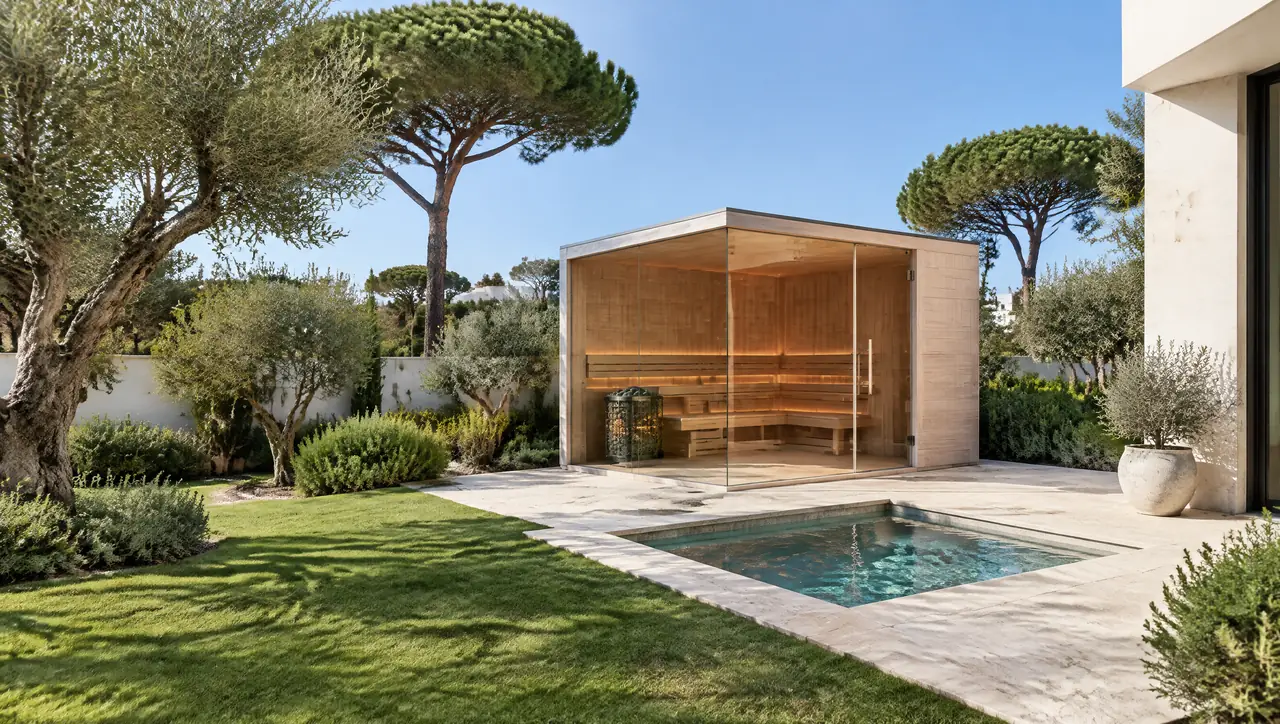 Walled garden of a modern house near Madrid with holm oaks, stone pines, a corner-glass sauna on a stone terrace and a small square plunge pool