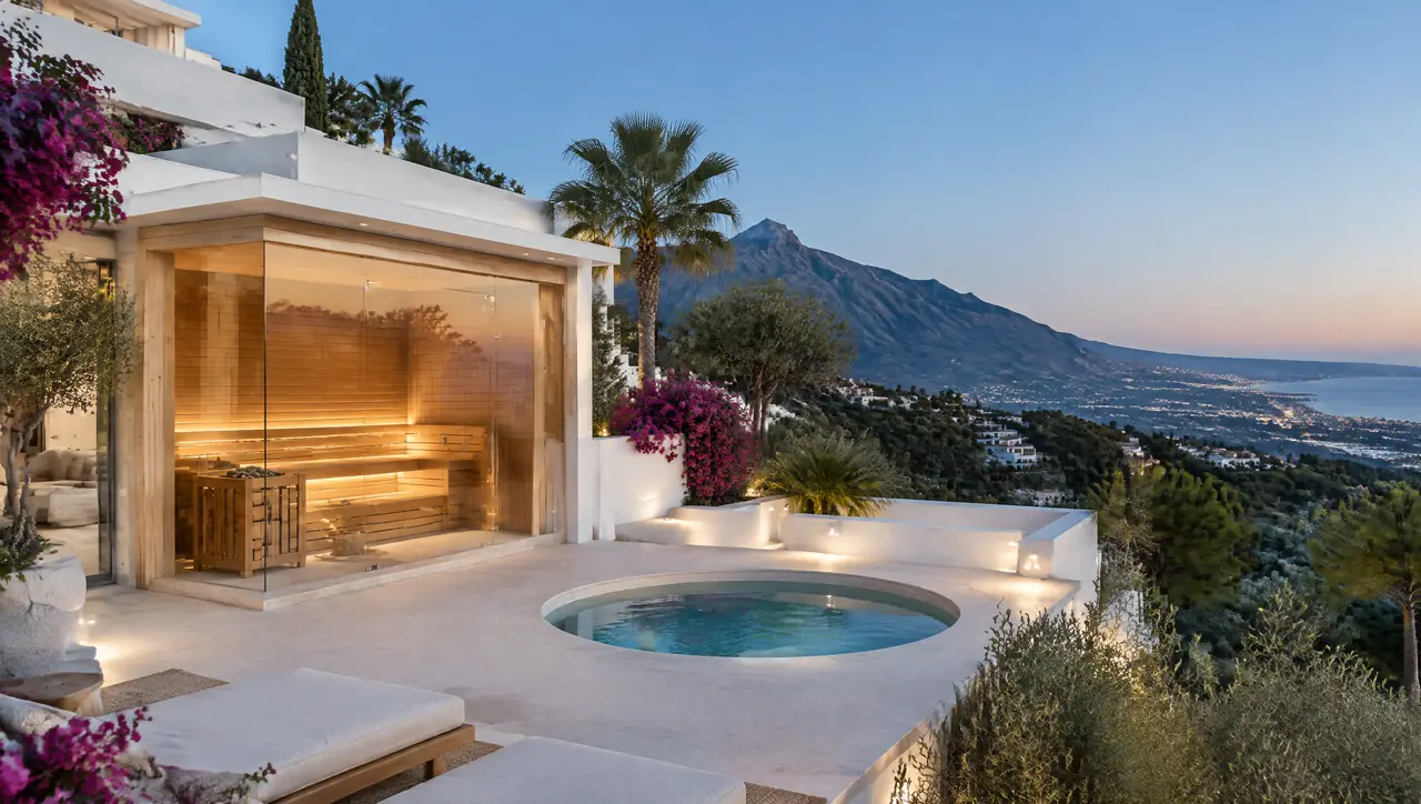 White villa above Marbella at blue hour with a glass pavilion holding a sauna and a small plunge pool on the lit terrace